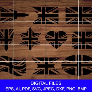 Modèles Union Jack Flag Bundle - Téléchargement numérique instantané - 8 fichiers. Dessins vectoriels faits à la main Pochoirs Clipart Tshirt Mug UK Cricut