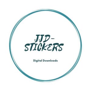 Może przedstawiać: Turkusowe koło z białym tłem i tekstem "JJD-STICKERS" w ciemnoniebieskim kolorze. Pod tekstem znajduje się napis "Pobieranie cyfrowe" w ciemnoniebieskim kolorze.