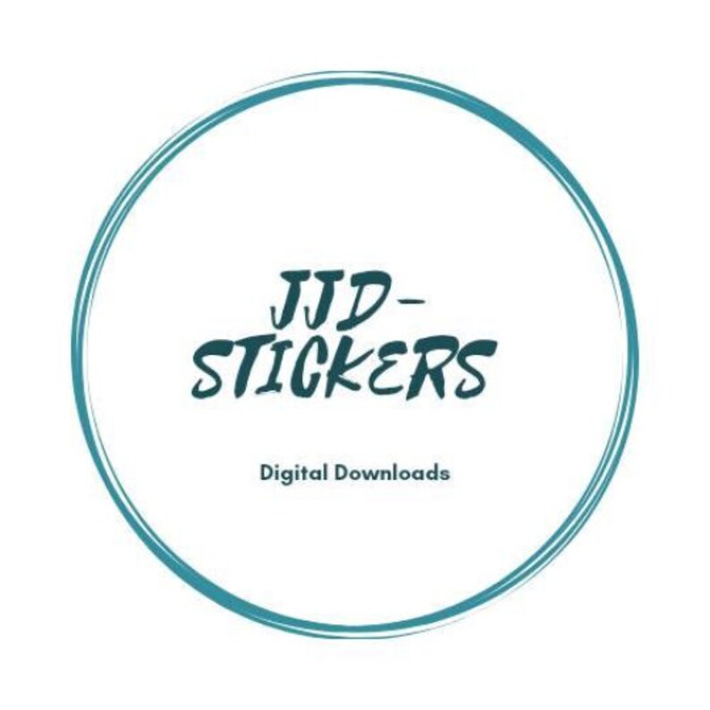 Może przedstawiać: Turkusowe koło z białym tłem i tekstem "JJD-STICKERS" w ciemnoniebieskim kolorze. Pod tekstem znajduje się napis "Pobieranie cyfrowe" w ciemnoniebieskim kolorze.