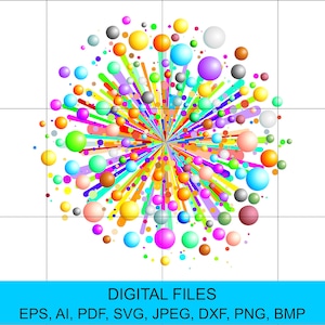 May include: A colourful burst of circles with a rainbow of colours, including red, orange, yellow, green, blue, purple, pink, and white. The circles are arranged in a radial pattern, creating a starburst effect.