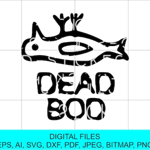 Puede incluir: Ilustración digital en blanco y negro de un pez de dibujos animados con el texto "DEAD BOO" debajo.