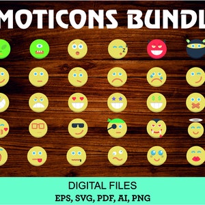 May include: A collection of yellow emoji faces with various expressions, including smiling, sad, and angry. The image also includes emoji faces with sunglasses, hearts for eyes, and a ninja. The text "EMOTICONS BUNDLE" is at the top.