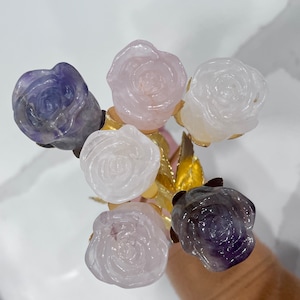 Crystal Rose Flower – Amethyst or Rose Quartz with Gold Stem | Carved Crystal Flower | Healing Crystal Gift | Unique Valentine’s Day or Birt