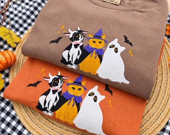Halloween Cats Trio Embroidered Comfort colors Shirt, Fall Cat Tee, Cat Halloween Shirt , Cat Lover Halloween Shirt