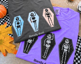 Literally Dead Halloween Embroidered Applique Halloween Comfort colors Shirt, Ghost Pumpkin Tee, Spooky Season Shirt, Preppy  Ghost Applique