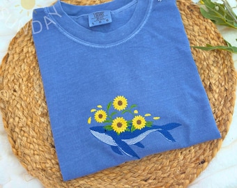 Whale Sunflower Embroidered Summer Shirt, Coastal Comfort Colors Tee, Ocean Animal Aesthetic Shirt, Minimal Embroidery Tee