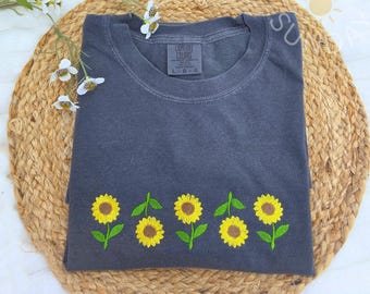 Sunflowers Embroidered Shirt, Floral Comfort Colors Tee, Cottagecore Flower Shirt, Minimal Embroidery Aesthetic Tee