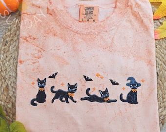 Black Cats Halloween Embroidered Comfort colors Shirt, Ghost Cats Tee, Cute Halloween shirt, Cat Lover Halloween Shirt, Fall Halloween Shirt