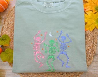 Halloween Dancing Skeleton Embroidered Comfort colors Shirt, Ghost Pumpkin Tee, Cute Skeleton shirt, Pumpkin Dancing Halloween Shirt