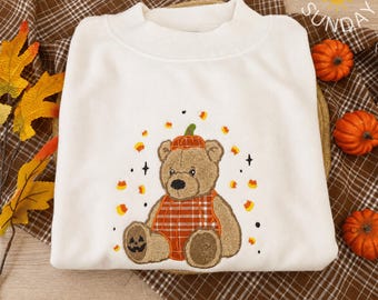 Applique Embroidered Beary Scary Halloween Crewneck Sweatshirt, Pumpkin Bear, Spooky Season Crewneck Sweatshirt, Fall Bear Sweater