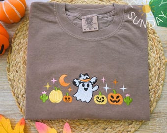 Western  Spooky Ghost Halloween Embroidered Comfort colors Shirt, Ghost Western Tee, Spooky Ghost Halloween Shirt, Fall Halloween Shirt