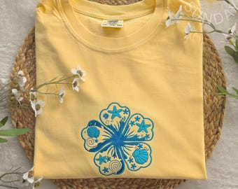 Coastal Hibiscus Embroidered Comfort Colors Shirt, Coastal Floral  Shirt, Coastal Aesthetic Shirt, Hibiscus Flower Tee,Hibiscus Flower Shirt