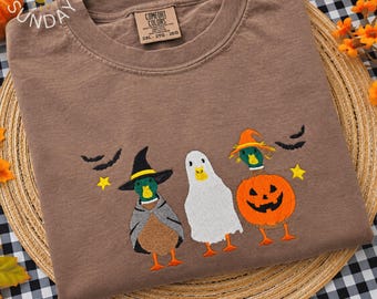 Spooky Ghost Ducks Halloween Embroidered Comfort colors Shirt, Witch Pumpkin Mallard Ducks Tee, Spooky Season Shirt, Preppy  Halloween Ducks