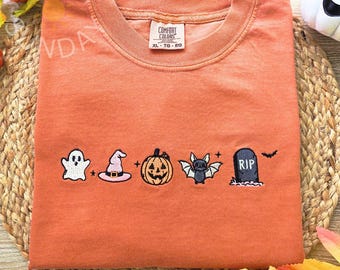 Halloween Icons Embroidered Comfort colors Shirt, Pumpkin Ghost Tee, Cute Halloween shirt, Boo Icon Halloween Shirt, Fall Halloween Shirt