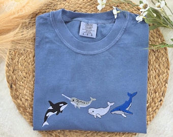Marine Life Embroidered Comfort Colors Shirt, Whale Orca Tee, Ocean Aesthetic Shirt, Minimal Marine Life Shirt