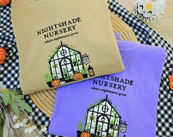 Nightshade Nursery Halloween Applique Embroidered Comfort colors Shirt, Pumpkin Halloween Shirt, Preppy  Poison  Ghost Applique Garden Lover