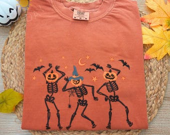 Dancing Skeleton Pumpkins  Halloween Embroidered Comfort colors Shirt, Ghost Pumpkin Tee, Pumpkin Dancing Halloween Shirt