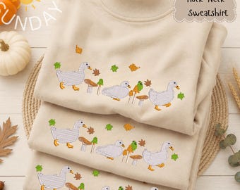 Mock Neck Autumn Duck Trio Embroidered Sweatshirt, Trendy Autumn Mock Neck , Oversize Embroidered Cozy Season, Autumn Sweatshirt
