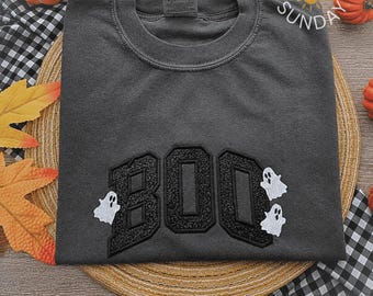 Boo Embroidered Applique Halloween Comfort colors Shirt, Ghost Pumpkin Tee, Spooky Season Shirt, Preppy  Boo Ghost Applique