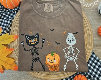 Halloween Friends Trio Embroidered Applique Halloween Comfort colors Shirt, Ghost Pumpkin Tee, Spooky Season Shirt, Preppy  Ghost Applique