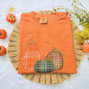 Maglietta con ricamo a tre zucche, colori comodi, maglietta autunnale con zucca, maglietta di Halloween con zucca, applicazione a zucca