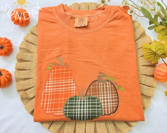 Pumpkin Trio applique  Embroidered Comfort colors Shirt, Fall Pumpkin Tee, Pumpkin Halloween Shirt , Pumpkin Applique