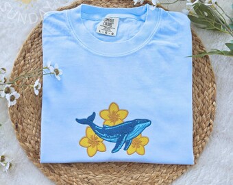 Humpback Whale Embroidered Comfort Colors Shirt, Coastal Ocean Tee, Humpback Whale Aesthetic Ocean Shirt