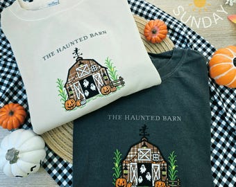 The Haunted Barn Halloween Applique Embroidered Comfort colors Shirt, Ghost Pumpkin Tee, Pumpkin Halloween,Preppy Barn garden Ghost Applique