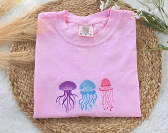 Jellyfish Embroidered Comfort Colors Shirt, Colorful Jellyfish Shirt, Ocean Animal Embroidered Shirt, Coastal Summer Tee