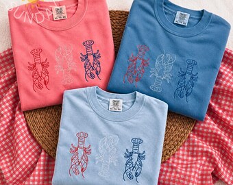 Embroidered Lobster Trio USA Shirt,4th of July Embroidered Shirt, American Patriotic Tee, Embroidered Shirt, Patriotic Lobster,Lobster Lover
