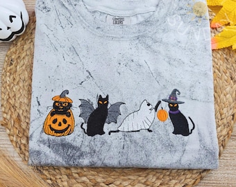 Halloween Spooky Cats Embroidered Comfort colors Shirt, Pumpkin Cat Ghost Tee, Cute Halloween shirt, Cat Lover Halloween Shirt