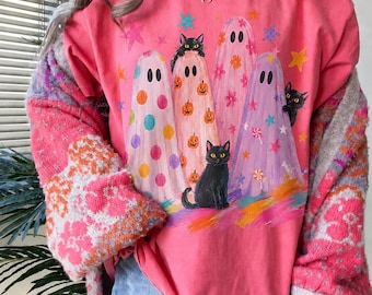 Preppy Ghosts Halloween colorful Comfort colors Shirt, Trendy Preppy girly ghost Tee, Oversize Spooky Season Tee , Cute Ghost Shirt
