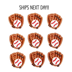 May include: Nine brown felt baseball glove patches with white stitching and a white baseball with red stitching inside each glove.