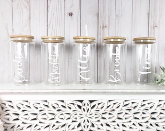 Bridesmaid Proposal, Personalized Iced Coffee Cup, Customized Glass Tumbler, Glass Can with Straw, Bridesmaid Gift, Bamboo Lid,Initial Glass