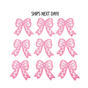Pink and White Bow Patch, Pink Checkered Patch, Iron On Patch, Trucker Patch, Embroidered Patch, DIY Patch, Girly Patch, Pink Patch