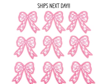 Pink and White Bow Patch, Pink Checkered Patch, Iron On Patch, Trucker Patch, Embroidered Patch, DIY Patch, Girly Patch, Pink Patch