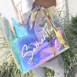 Bridesmaid Tote Bag, Holographic bag, Clear Bag, Beach Bag, Transparent Bag, Girls Weekend, Birthday Gift, Bachelorette Party, Reusable Bag