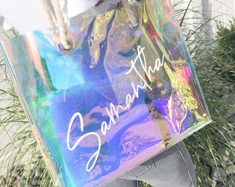 Bridesmaid Tote Bag, Holographic bag, Clear Bag, Beach Bag, Transparent Bag, Girls Weekend, Birthday Gift, Bachelorette Party, Reusable Bag
