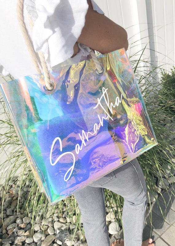Personalized Holographic Tote Bag, Beach Tote Bridesmaid Gift Bag  Transparent Tote Bag
