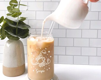 Zodiac Gift, Zodiac Cup, Personalized Iced Coffee Cup, CustomizedTumbler, Glass Can with Straw,  Frosted Glass Can,Zodiac Mug,Christmas Gift