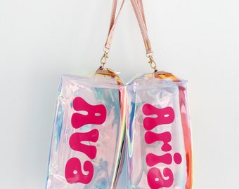 Bridesmaid Cosmetic Bag, Holographic Cosmetic bag, Tote Bag Set, Beach Bag, Girls Birthday Gift,Personalized Makeup Bag,PVC Bag, Retro Font
