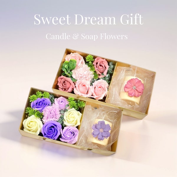 Soap Flowers and Candle Gift Set/ flower arrangement, gift for her, for Mum, soy candles, Valentines gift, Birthday Gift, Mother's Day Gift