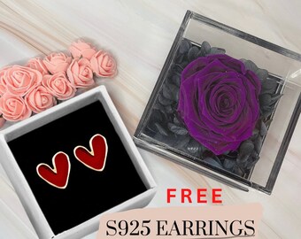 Preserved Flower Gift Box with Free Sterling Silver Earrings/ Eternal roses/ Valentine gift/ gift for her/ Birthday Gift/ Mother's Day Gift