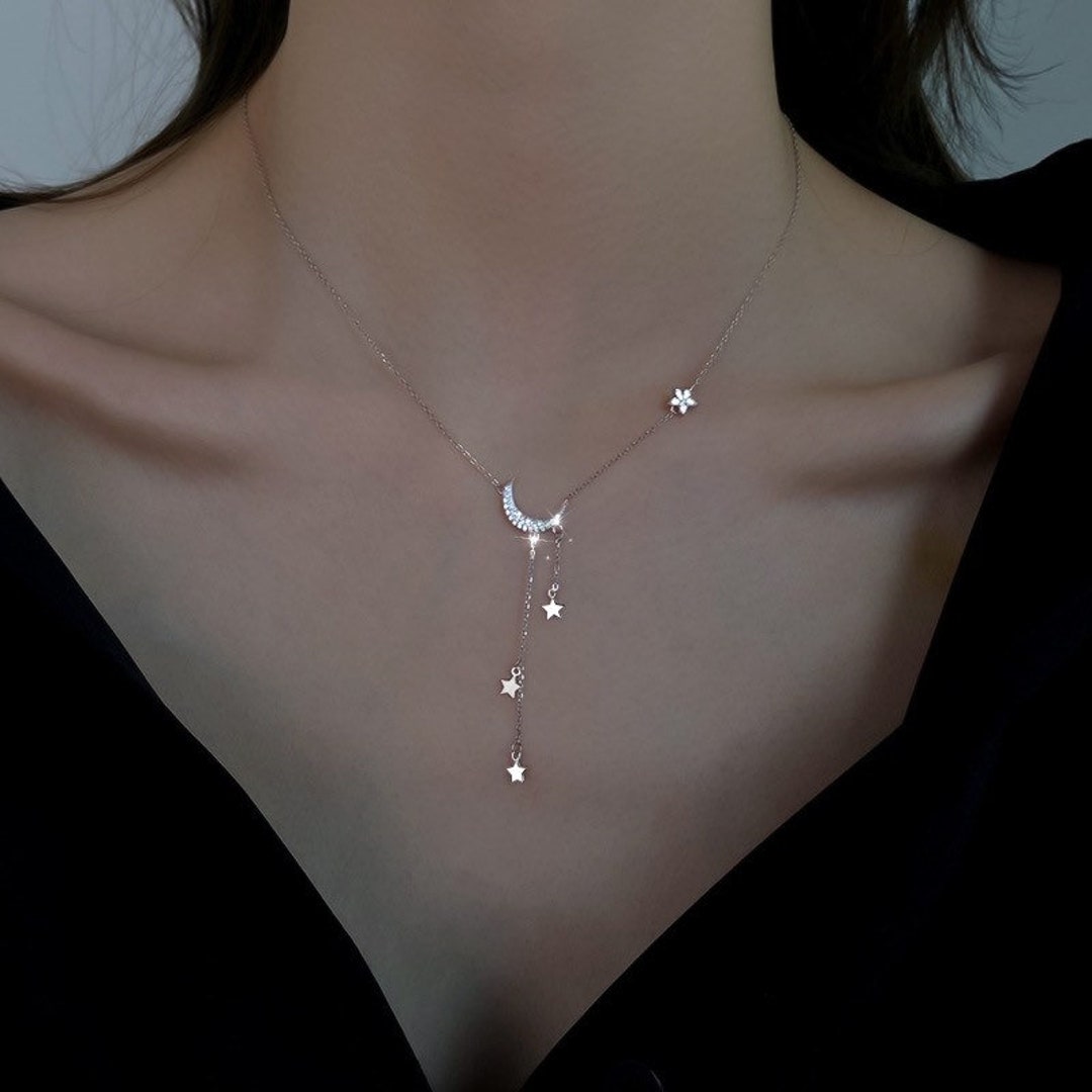 925 sterling silver moon and stars pendant adjustable necklace/ Clavicle Chain/ gift for her