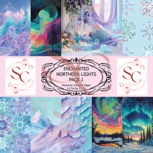 Paquetes de papel "Aurora boreal encantada". Perfectos para decoración, celebraciones, scrapbooking y manualidades. Tamaño cuadrado de 29,5 cm y 11,4 cm.