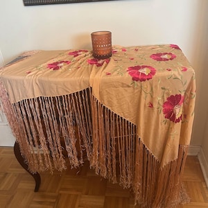 Antique Terre Cotta SILK Chinese Canton de Manila PIANO SHAWL with hand embroidered Fuchsia Florals. 52X52+17&quot;fringe. Excellent condition.