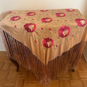 Antique Terre Cotta SILK Chinese Canton de Manila PIANO SHAWL with hand embroidered Fuchsia Florals. 52X52+17&quot;fringe. Excellent condition.