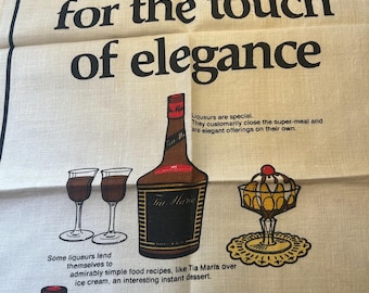 Irish Linen Tea Towel with 'Liqueurs for a Touch of Elegance' Made c1970 for OXFAM.