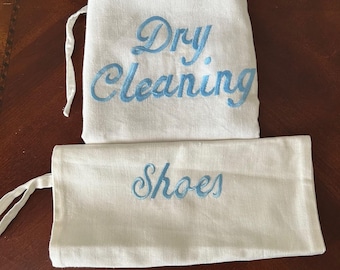 Vintage Irish Linen Shoe & Dry Cleaning Bag Set – Bridal Gift, Embroidered
