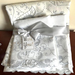Madeira hand embroidered Top Sheet + 2 pillowcases. White cotton with silver grey threads. Made in Madeira c1960. Excellent condition.